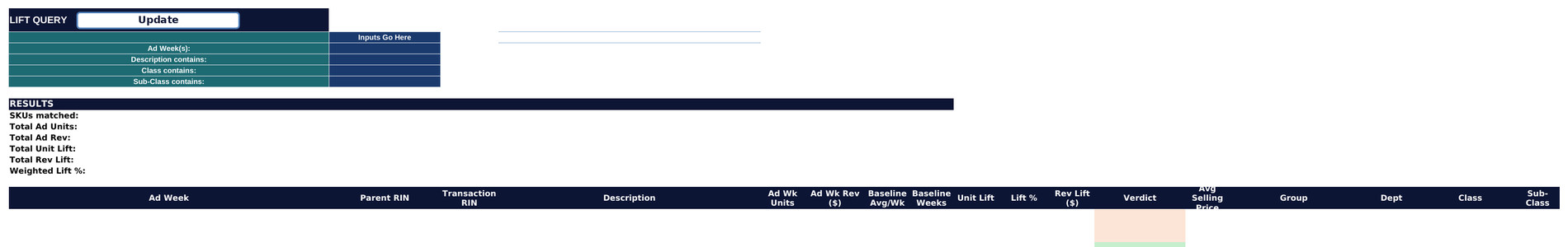 Lift Query tab with Ad Week, Description, Class and Sub-Class inputs, results summary and detail table